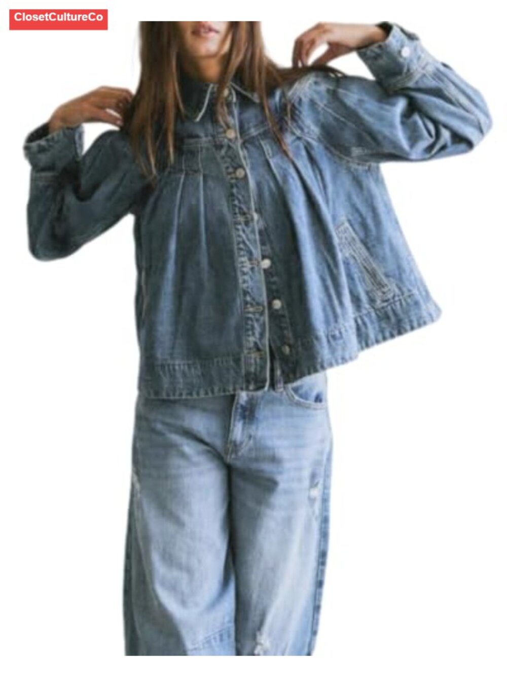 Cropped Denim Jacket Pleated Button Down Long Sleeve Jean Jacket